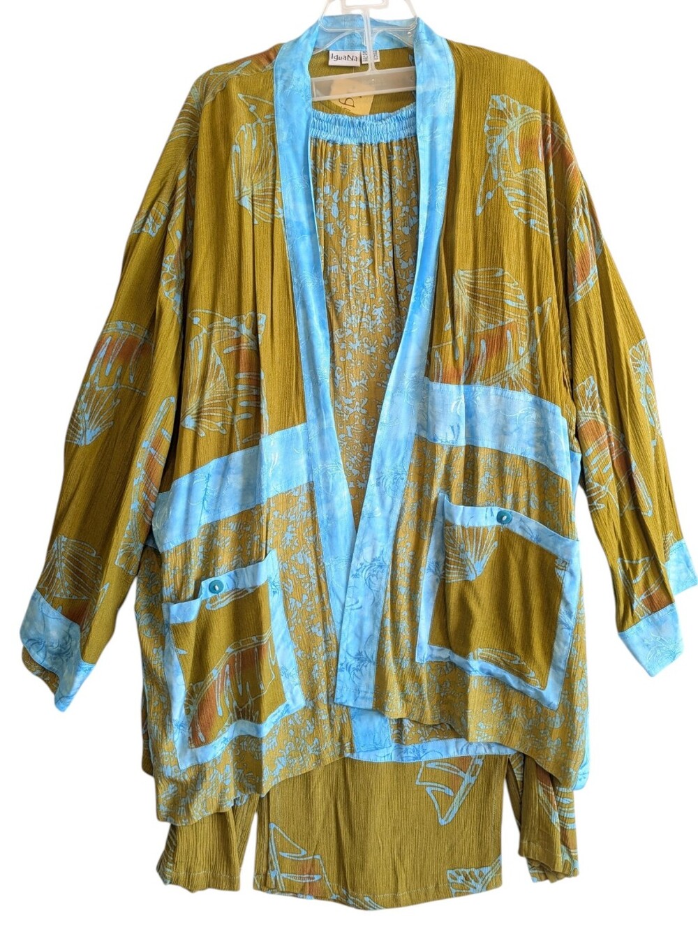 Vtg Iguana 3 Piece Kimono Jacket Skirt And Tank Rayon Batik Olive Green